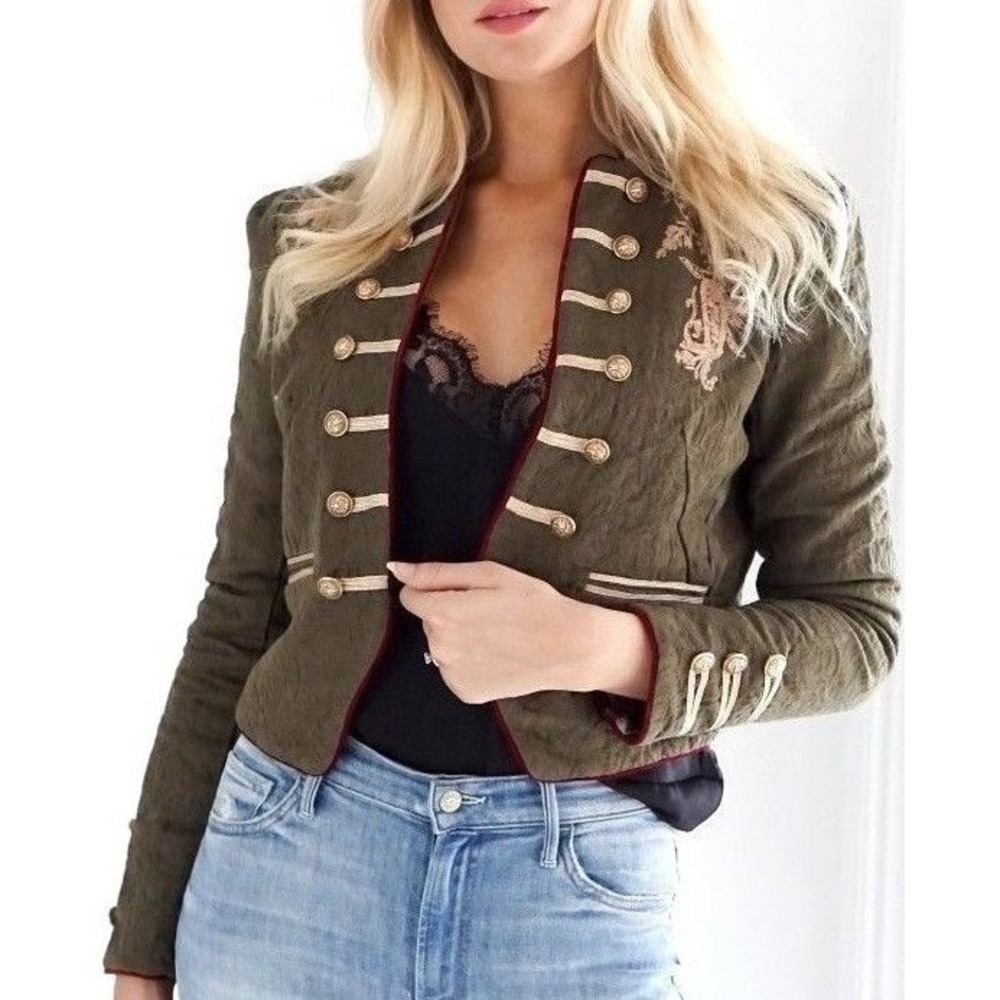 Free People Lauren Band Jacket Military Embroidered Gold Open Front